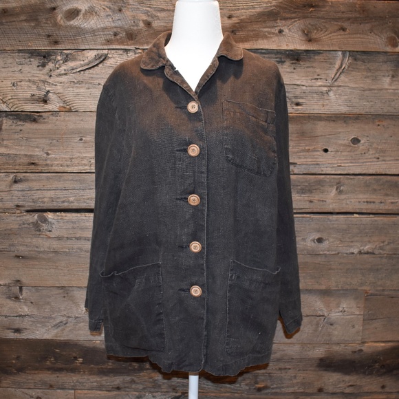Vintage Tops - VTG Brown Linen Button Up Shirt w Pockets XS P